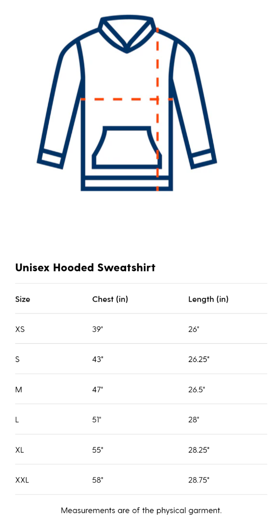 Unisex hooded sweatshirt with measurement chart on a white background