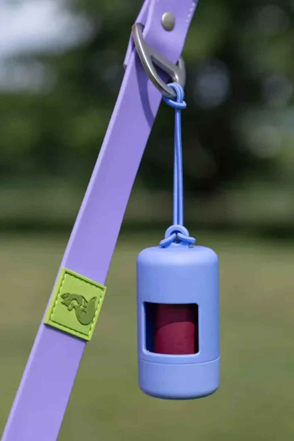 Cornflower Blue Waste Bag Dispenser for Dogs - Aria the Fox on leash