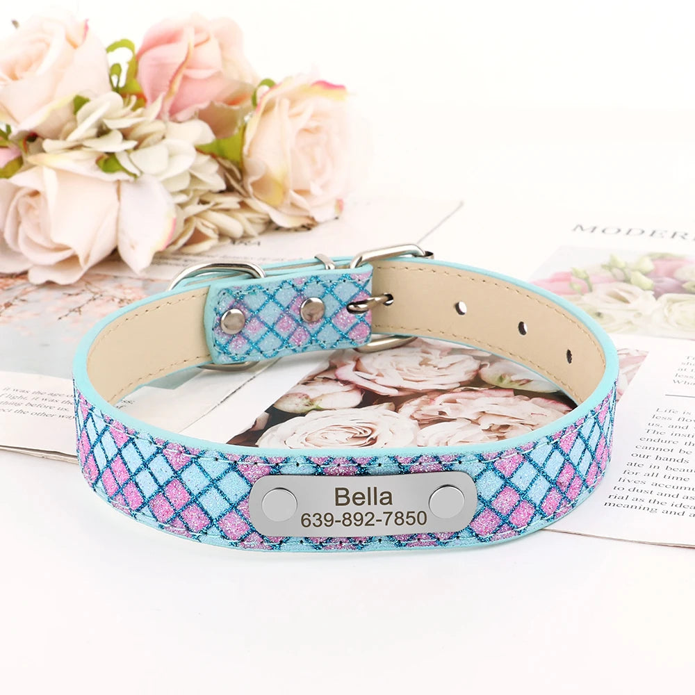 Customized_Leather_Plaid_Dog_Collar_lifestyle_image_of_blue