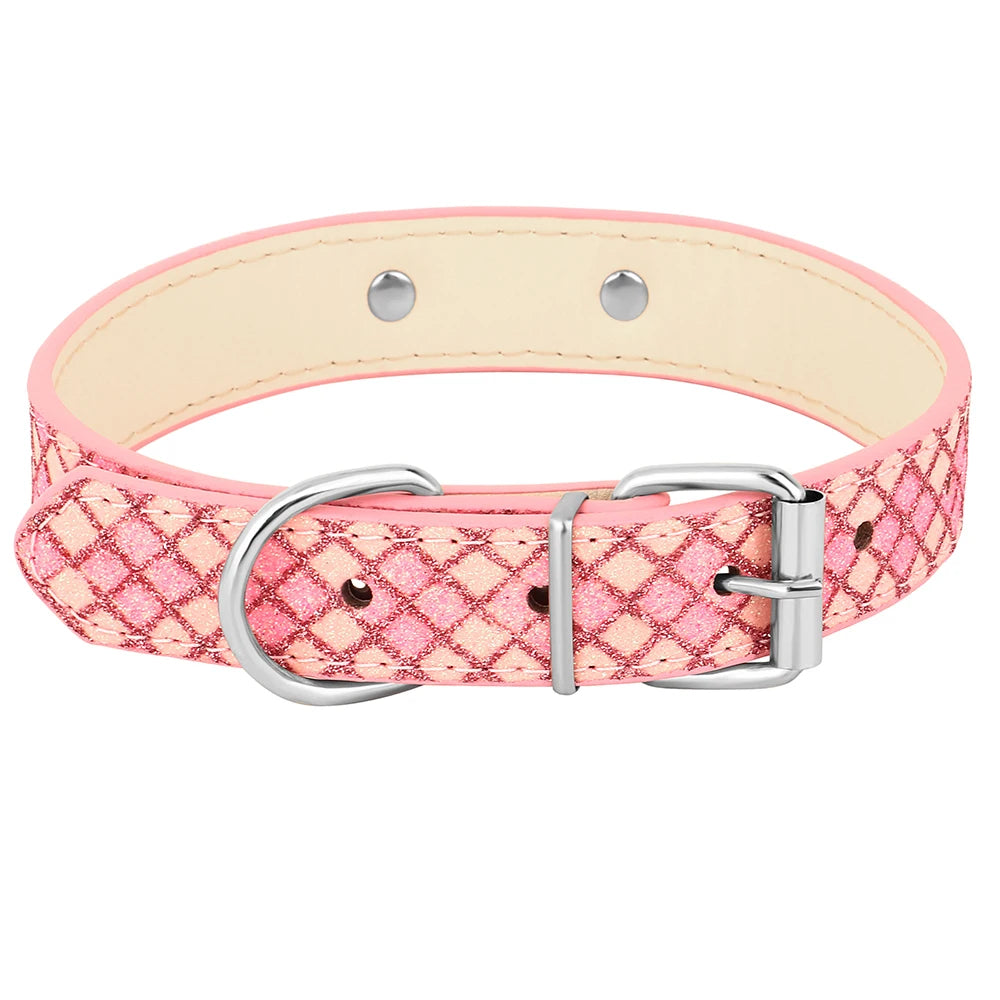 Customized_Leather_Plaid_Dog_Collar_pink_with_buckle