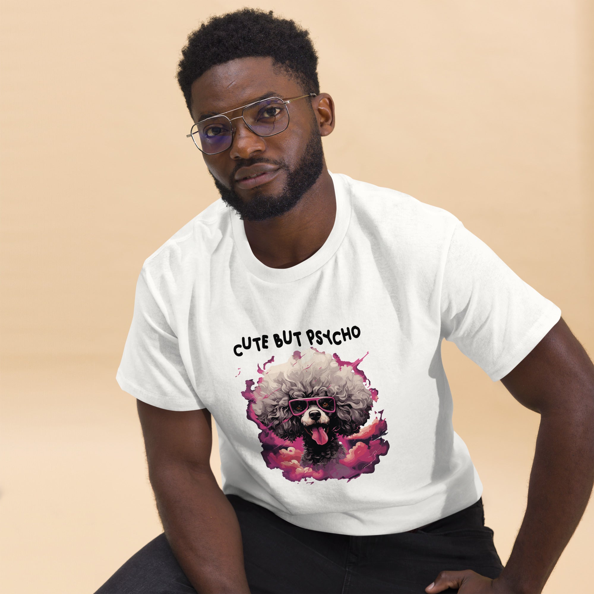 "Cute But Psycho" Wild Hair Poodle Graphic T-Shirt lifestyle image with man sitting