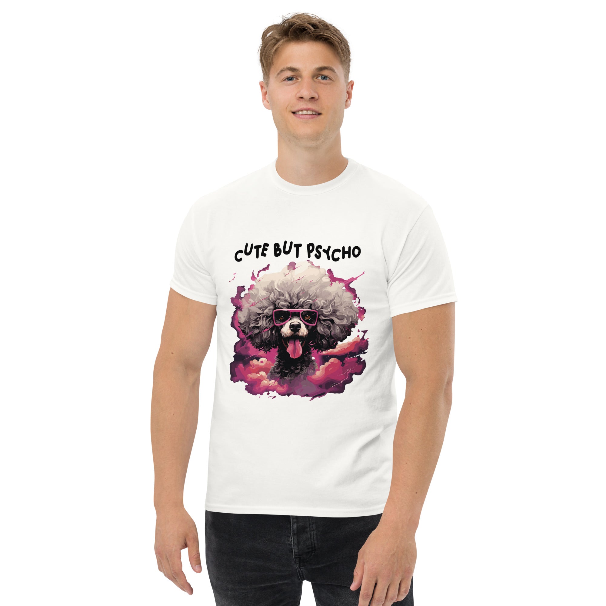 "Cute But Psycho" Wild Hair Poodle Graphic T-Shirt lifestyle image with man standing