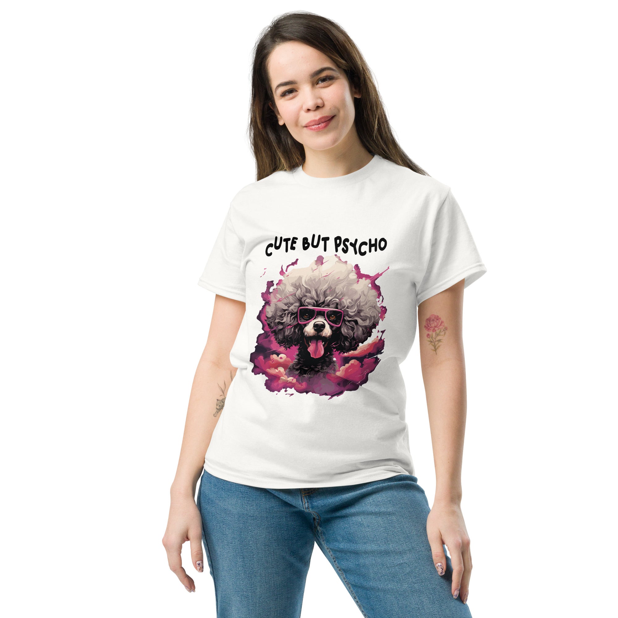"Cute But Psycho" Wild Hair Poodle Graphic T-Shirt lifestyle image with woman