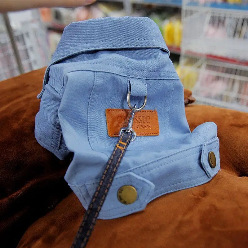 Denim Dog Coat with D-Ring Leash Attachment blue