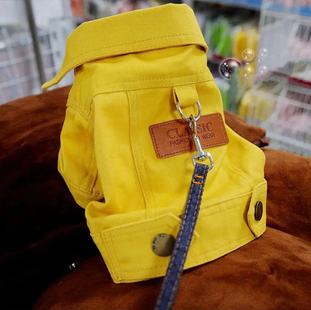 Denim Dog Coat with D-Ring Leash Attachment yellow