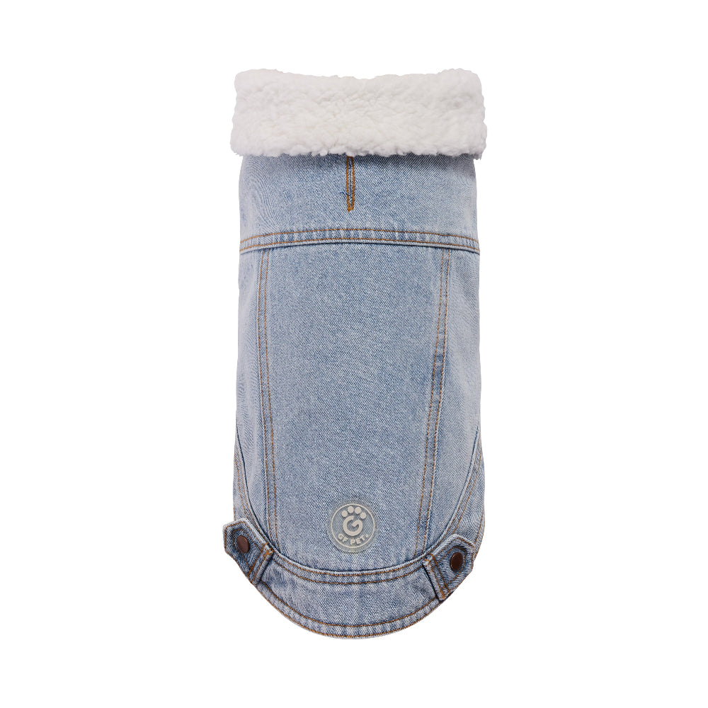 Denim dog coat with white fur lining on a white background