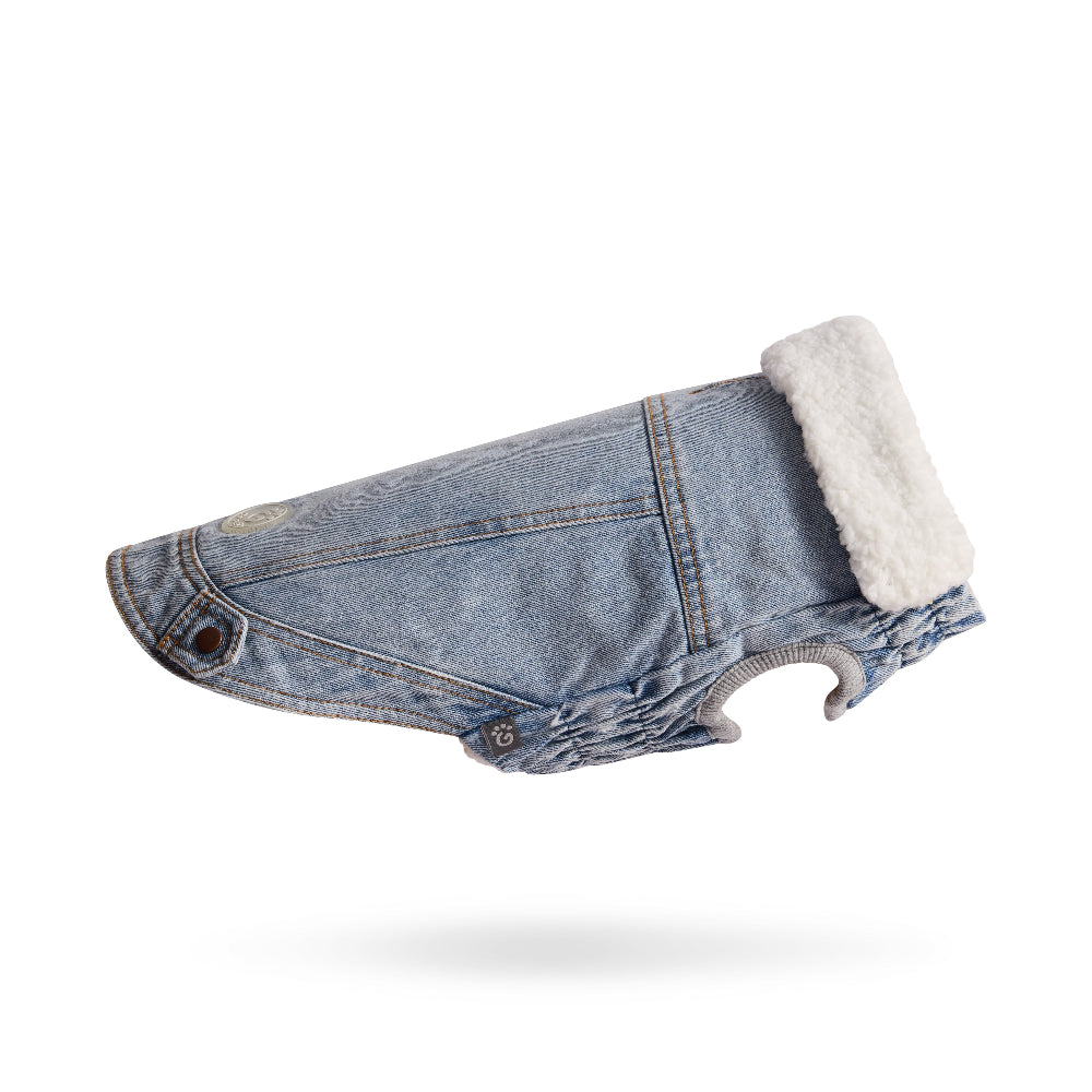 Denim dog coat with white fur lining on a white background 2