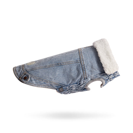 Denim dog coat with white fur lining on a white background 2