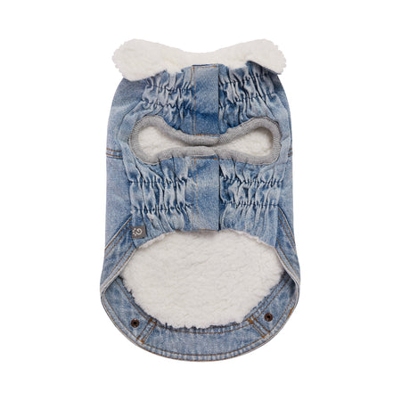 Denim dog coat with white fur lining on a white background 3