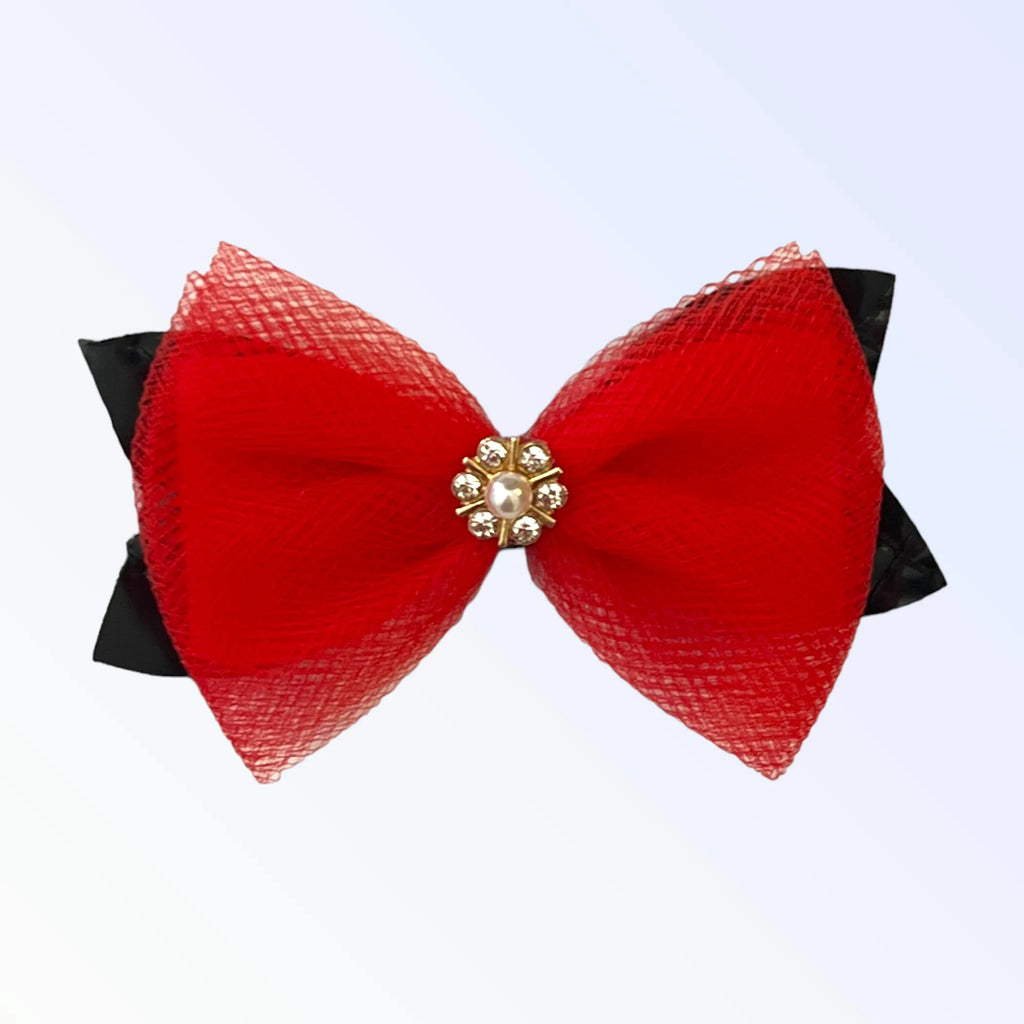 Dog Hair Barrette with Tulle, Pearl, and Rhinestone Embellishments - Red - Bark Fifth Avenue