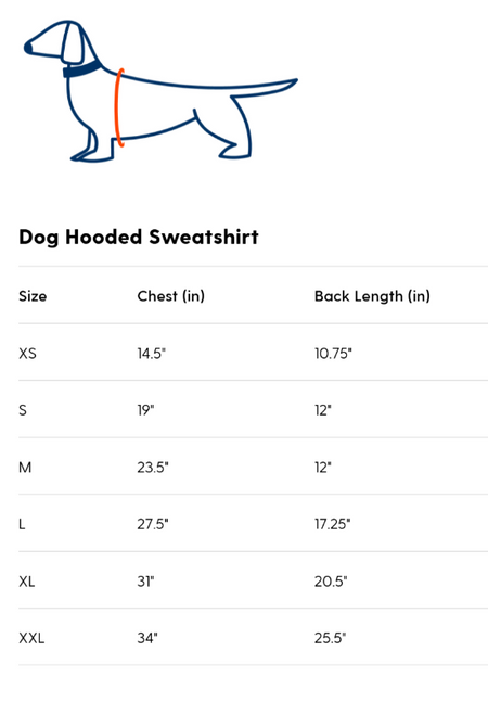 Measurement chart for dog hooded sweatshirt sizes with a dachshund outline.