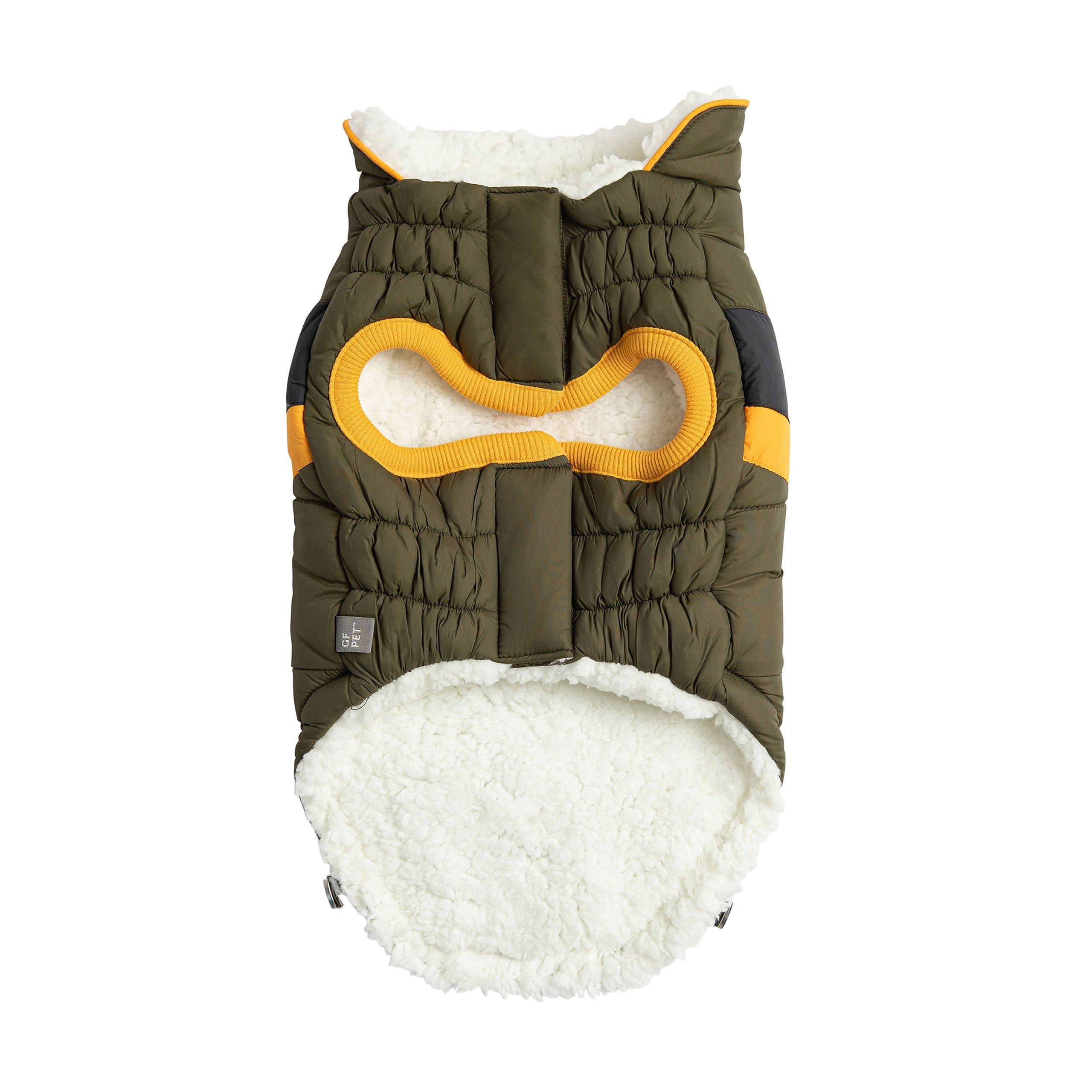 Dog coat with green, yellow, and white colors on a white background