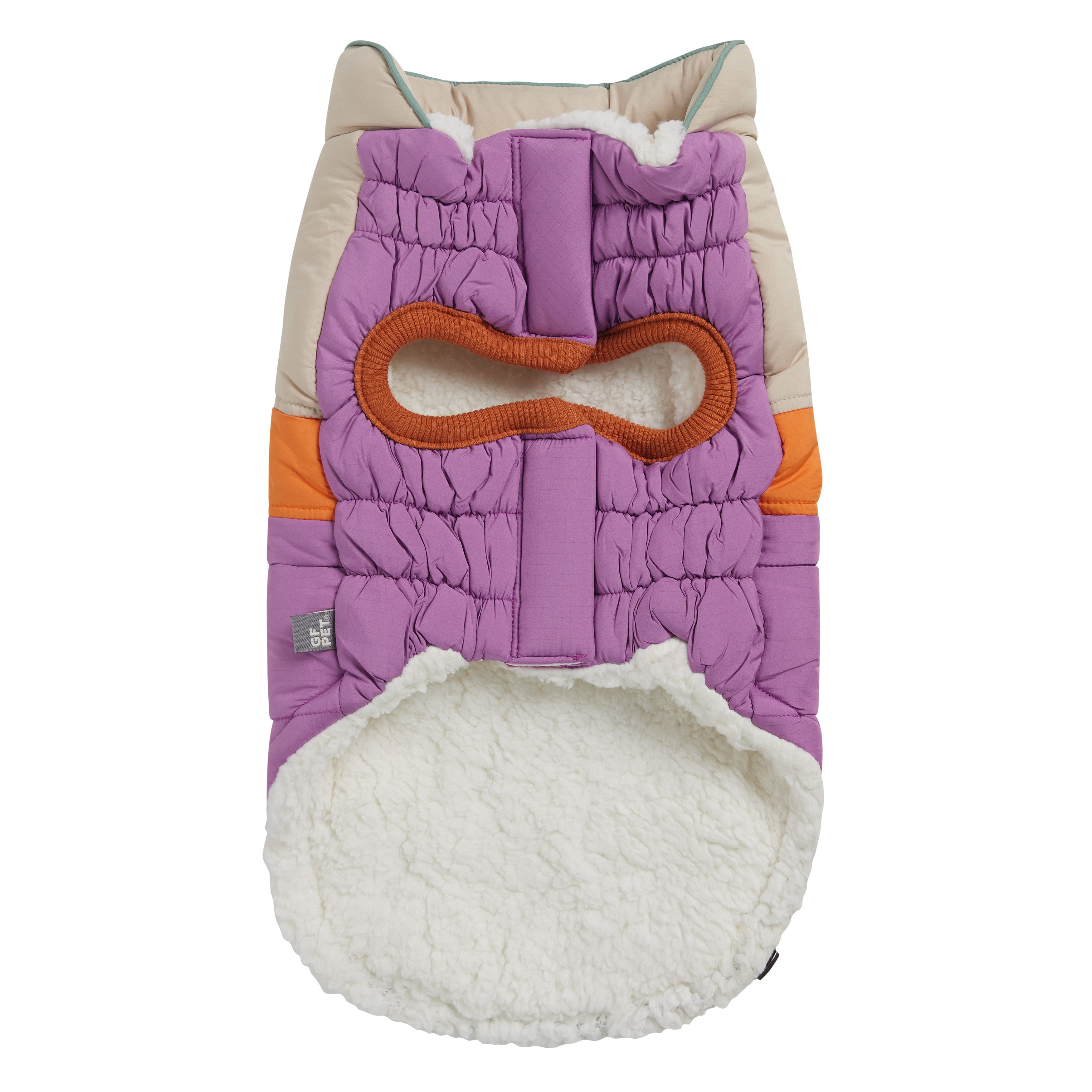 Dog coat with purple, orange, and white design on a white background