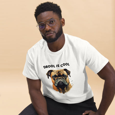 "Drool is Cool" Brown Boxer Face Graphic T-Shirt lifestyle image man sitting