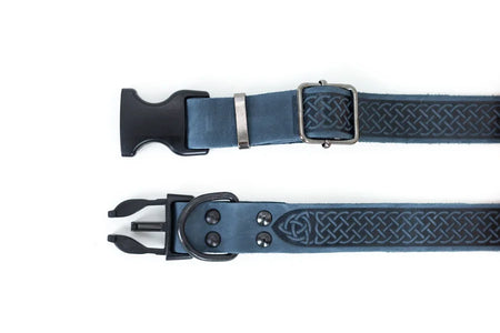 Two blue dog collars with Celtic knot designs on a white background
