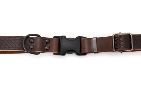 Brown leather dog collar with black plastic buckle on a white background
