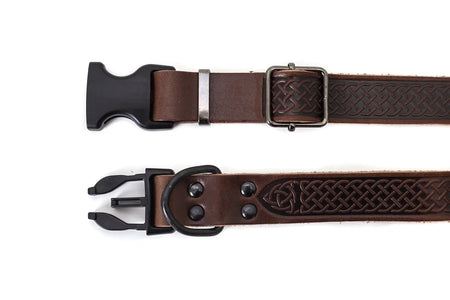 Brown leather belt with black buckle on a white background