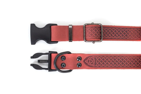 Red dog collar with intricate design and black buckle on a white background