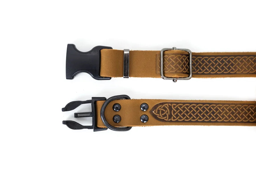 Two brown leather belts with metal buckles on a white background