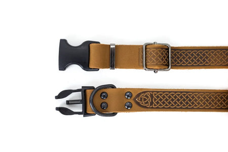 Two brown leather belts with metal buckles on a white background