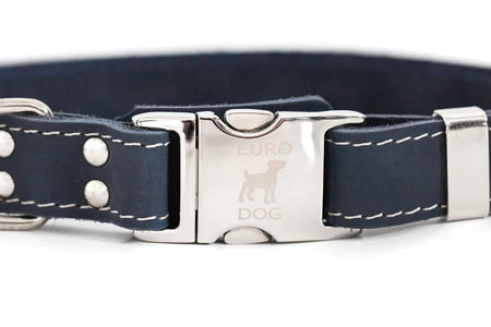 Navy leather dog collar with silver buckle on a white background