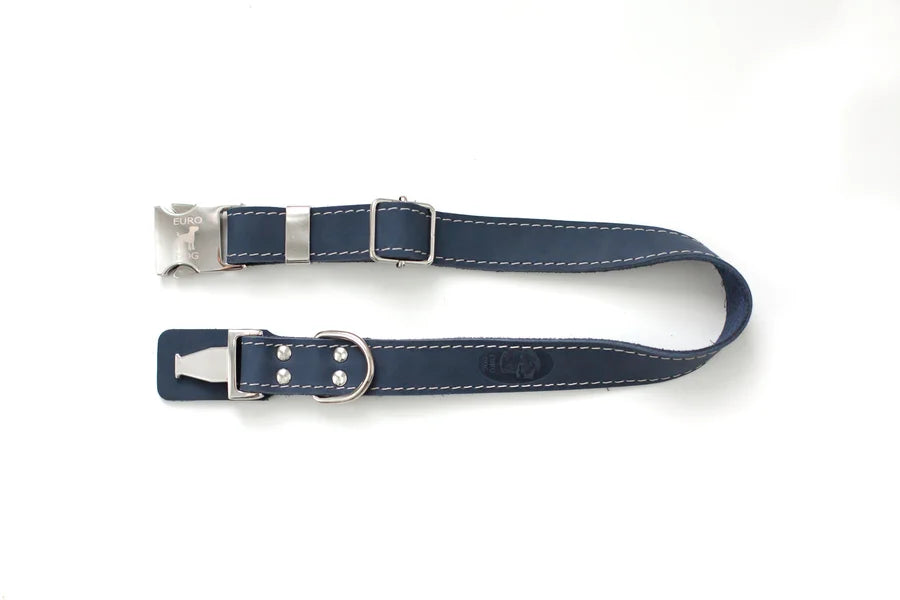 Navy blue dog collar with silver hardware on a white background