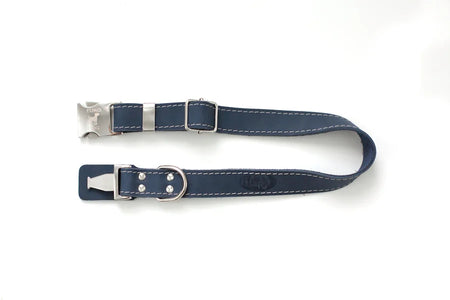 Navy blue dog collar with silver hardware on a white background