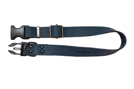 Two navy blue dog collars with metal buckles on a white background
