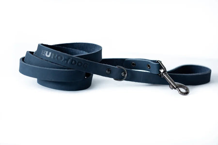 Navy blue dog leash with metal clip on a white background