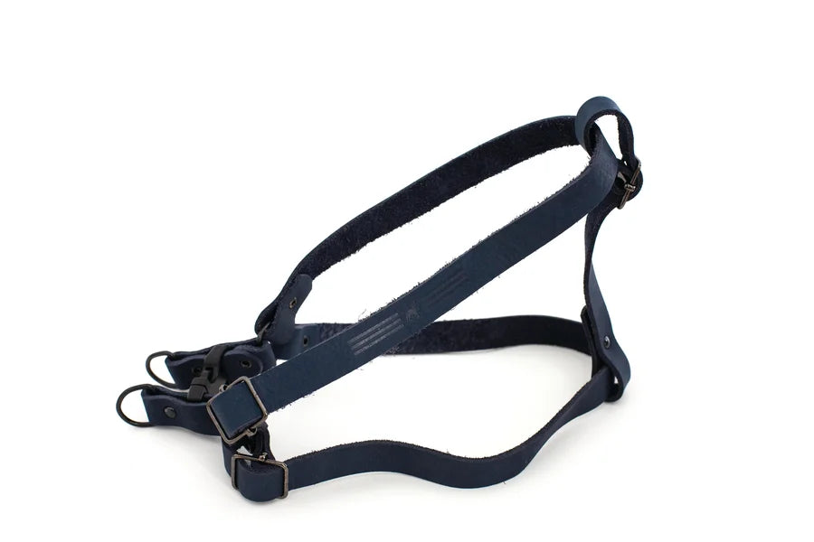 Navy blue dog harness on a white background