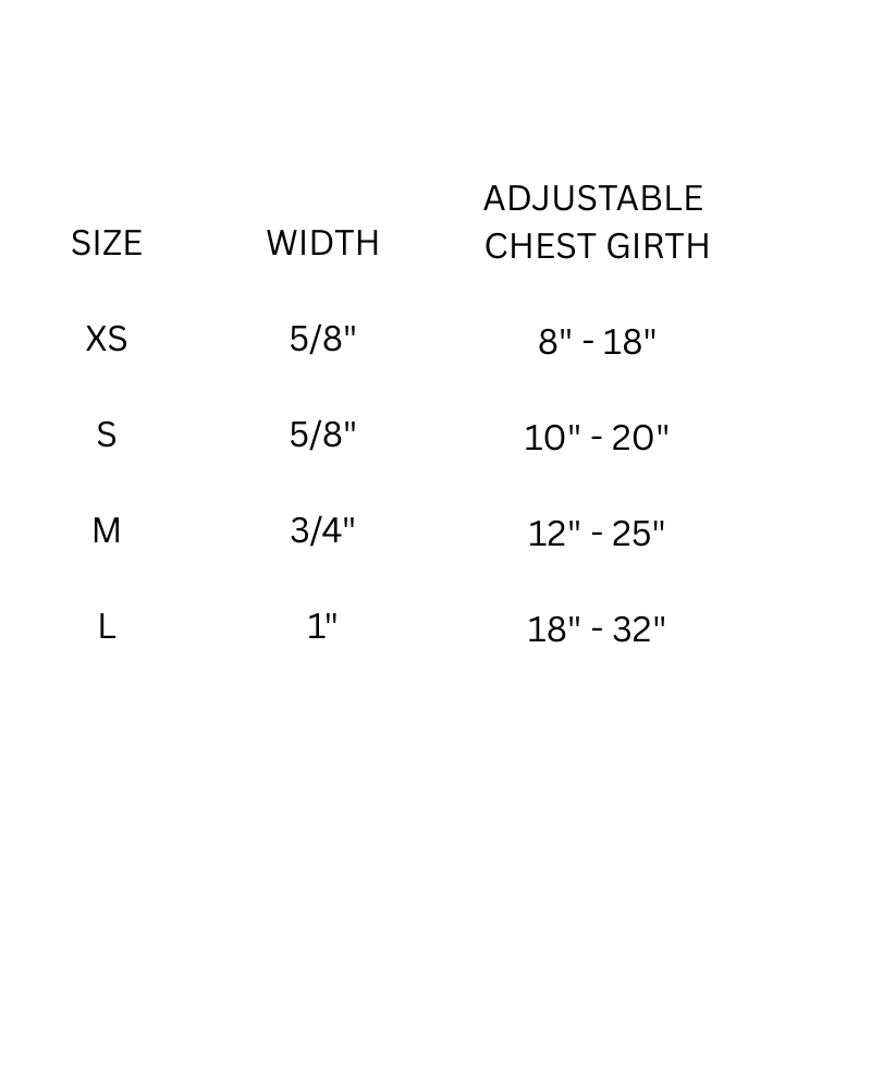 Size chart for adjustable chest girth with measurements in inches.