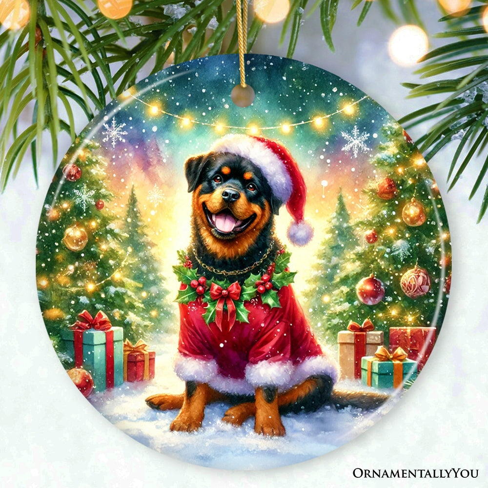 Decorative Christmas ornament with a Rottweiler dog wearing a Santa hat and wreath, surrounded by festive decorations.