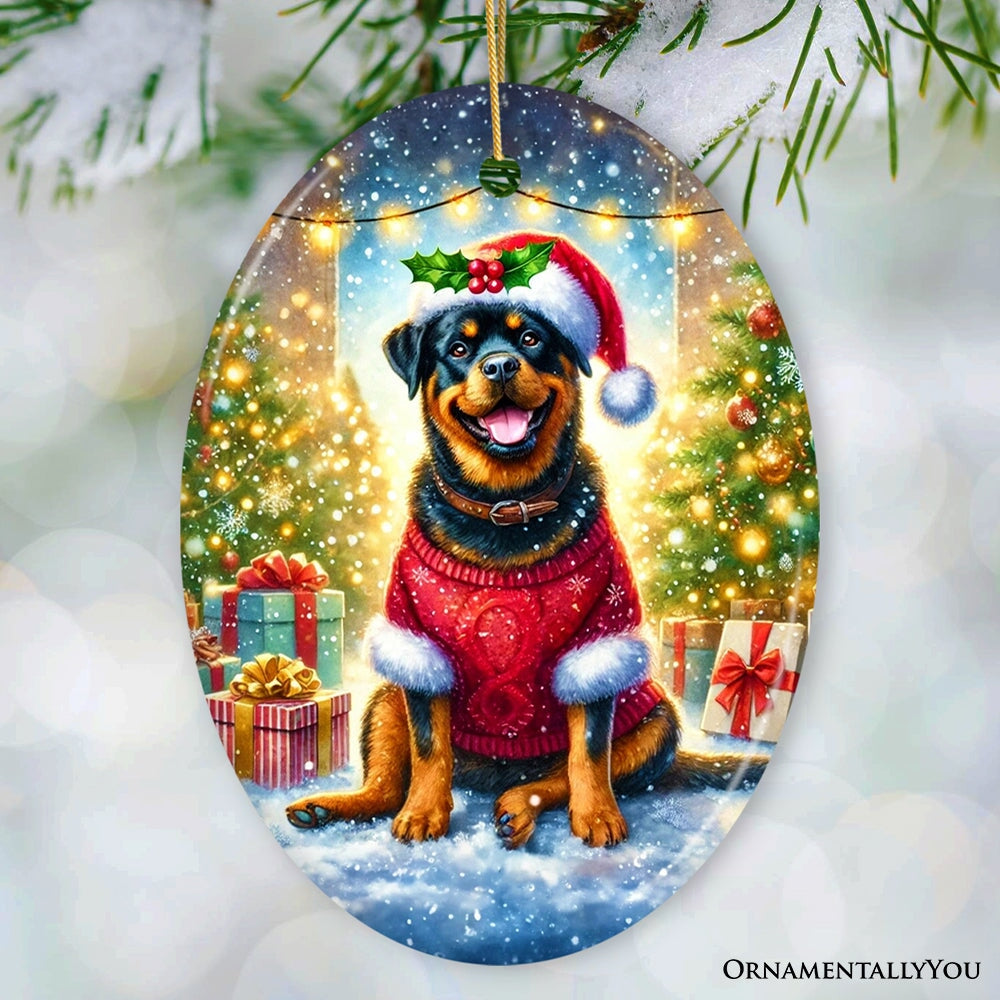 Christmas ornament with a Rottweiler dog wearing a Santa hat and red sweater in a snowy scene.