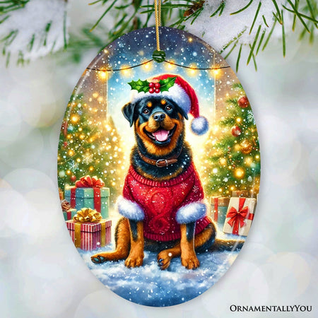 Christmas ornament with a Rottweiler dog wearing a Santa hat and red sweater in a snowy scene.