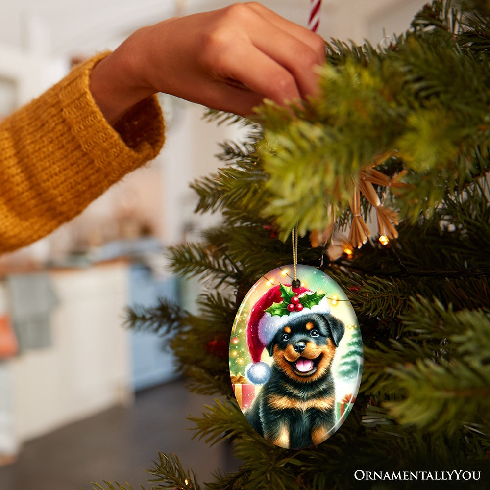 Christmas ornament with a dog wearing a Santa hat on a tree
