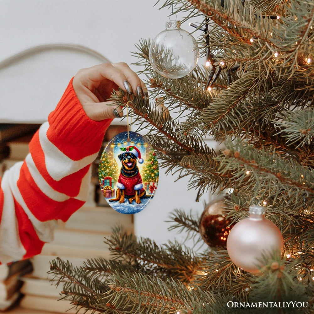 Person decorating a Christmas tree with a Rottweiler ornament, wearing a red and white striped sweater.