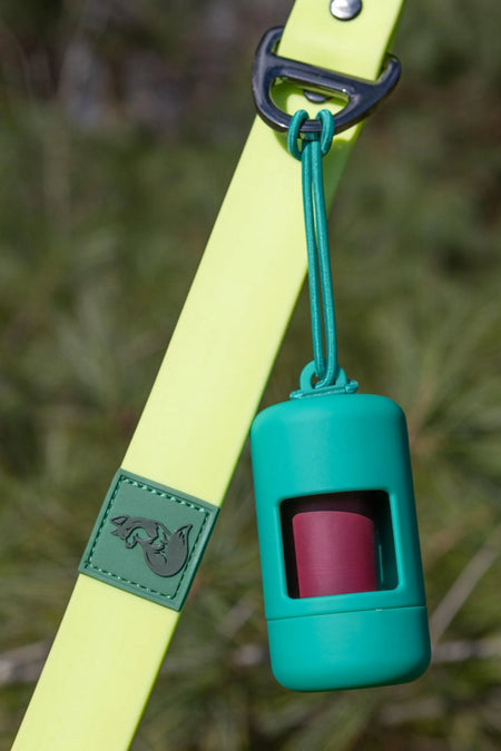 Fresh Green Peppermint Waste Bag Dispenser for Dogs - Aria the Fox on yellow leash