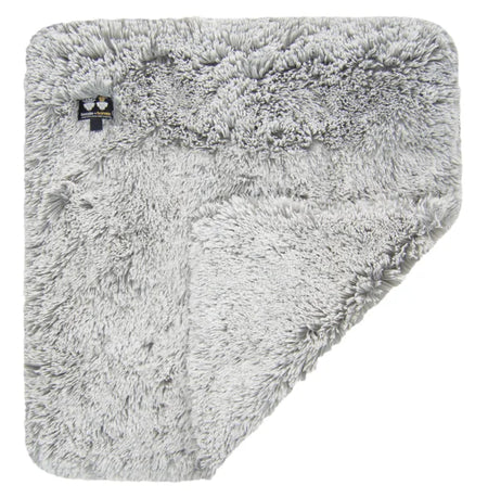 Fluffy gray blanket with a brand logo on a white background