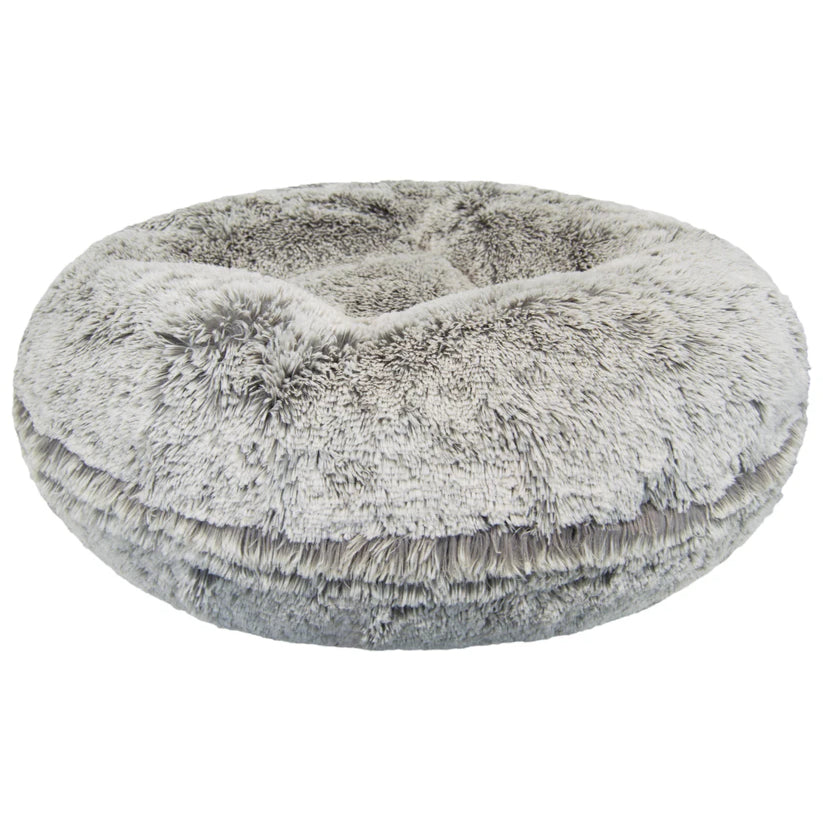 Fluffy gray donut-shaped pet bed on a white background