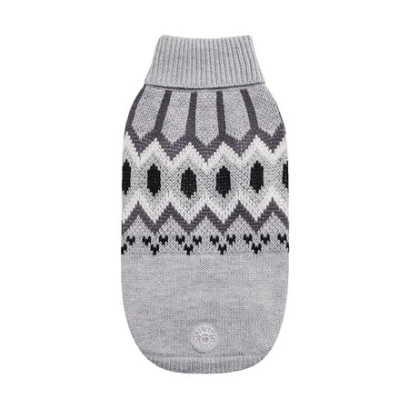 Gray dog sweater with black and white pattern on a white background