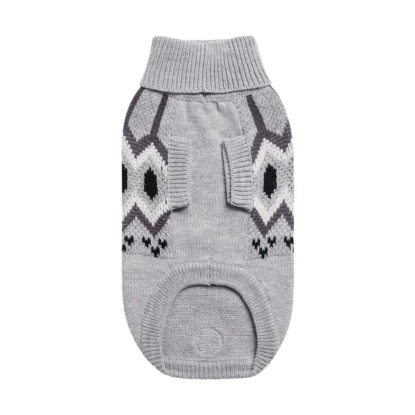 Gray knit dog sweater with geometric pattern on a white background