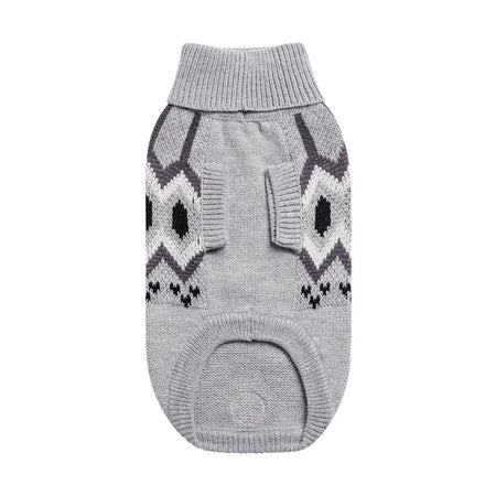 Gray knit dog sweater with geometric pattern on a white background