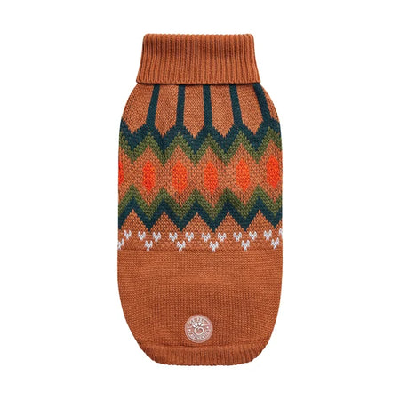 Knitted dog sweater with a pattern on a white background