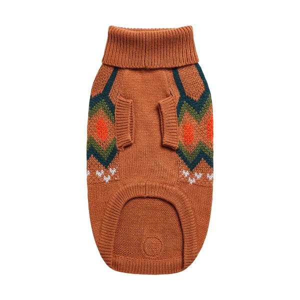 Brown knitted dog sweater with geometric pattern on a white background