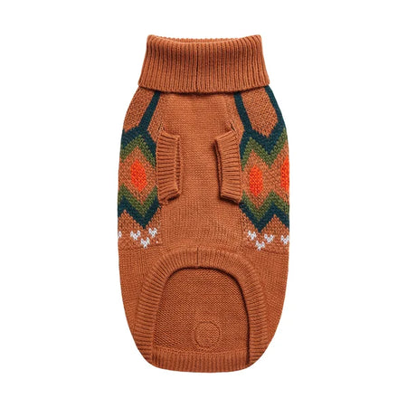 Brown knitted dog sweater with geometric pattern on a white background