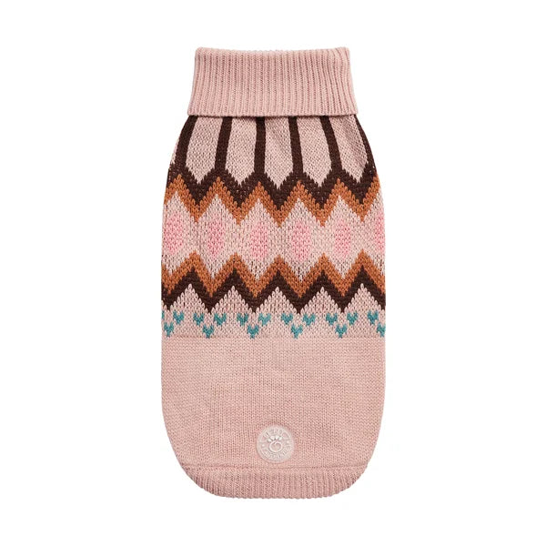 Knitted dog sweater with zigzag pattern on a white background
