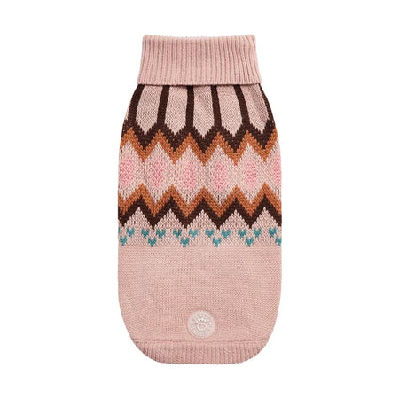 Knitted dog sweater with zigzag pattern on a white background