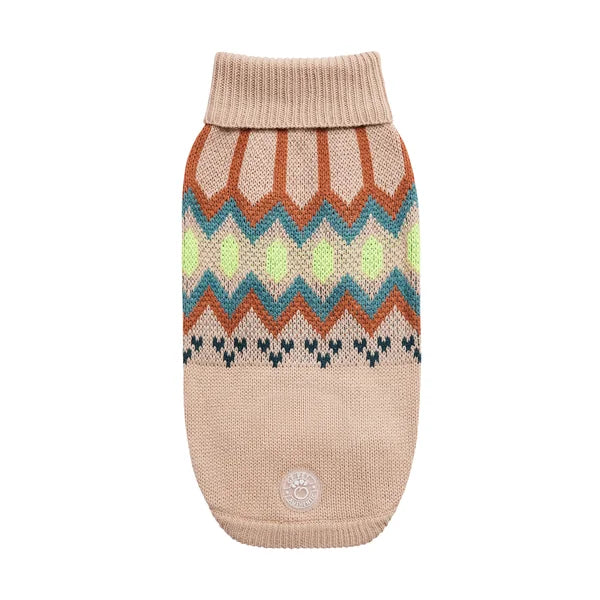 Beige dog sweater with colorful pattern on a white background