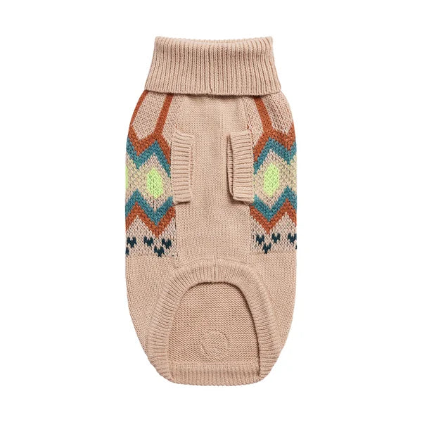 Beige dog sweater with colorful zigzag pattern on a white background