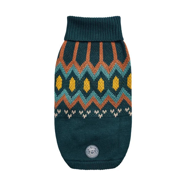 Knitted dog sweater with a colorful pattern on a white background